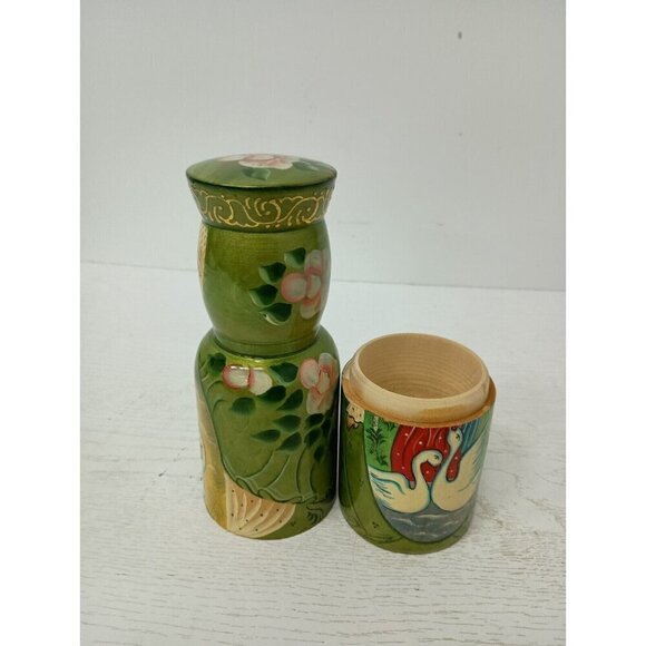 VTG 80s Russian Folk Art Matryoshka Wood Carved Nesting Doll Bottle Holder 2pc - Picture 8 of 11